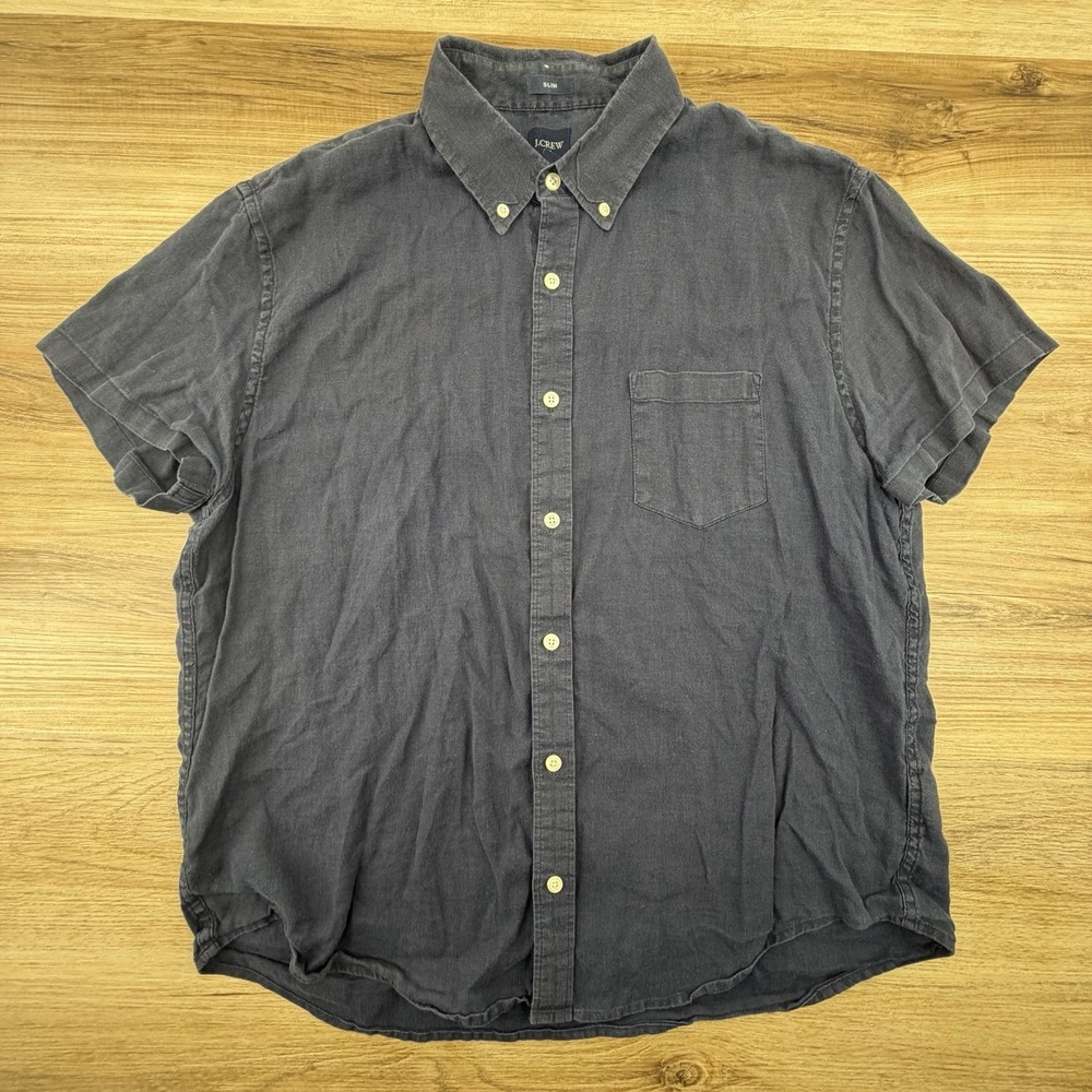J Crew Mens Shirt XL Dark Blue Linen Cotton Button Down Slim Fit Casual Preppy - Picture 2 of 7
